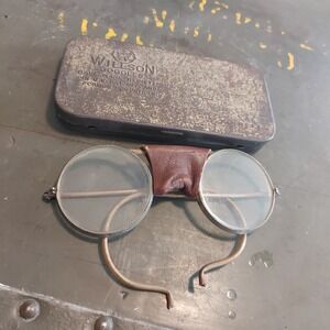 Vintage Willson Goggles Round Safety Glasses Leather Bridge Original Metal Tin